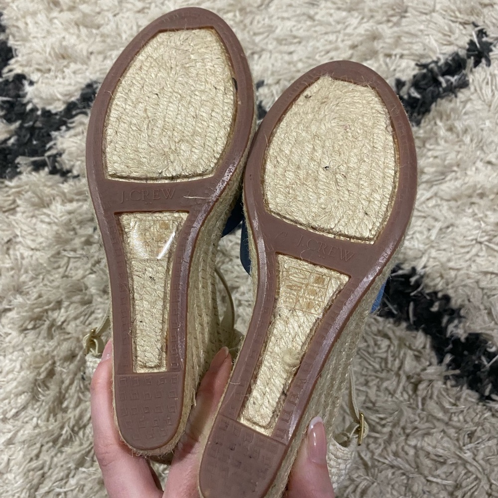 J.Crew Blue and Cream Knit Ankle Strap Espadrille Platform Wedges - Picture 9 of 10